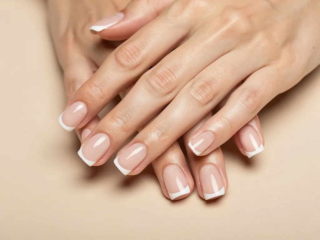 Ongles courts naturels finition glossy effet soin, base nude laiteuse, mains élégantes et minimalistes