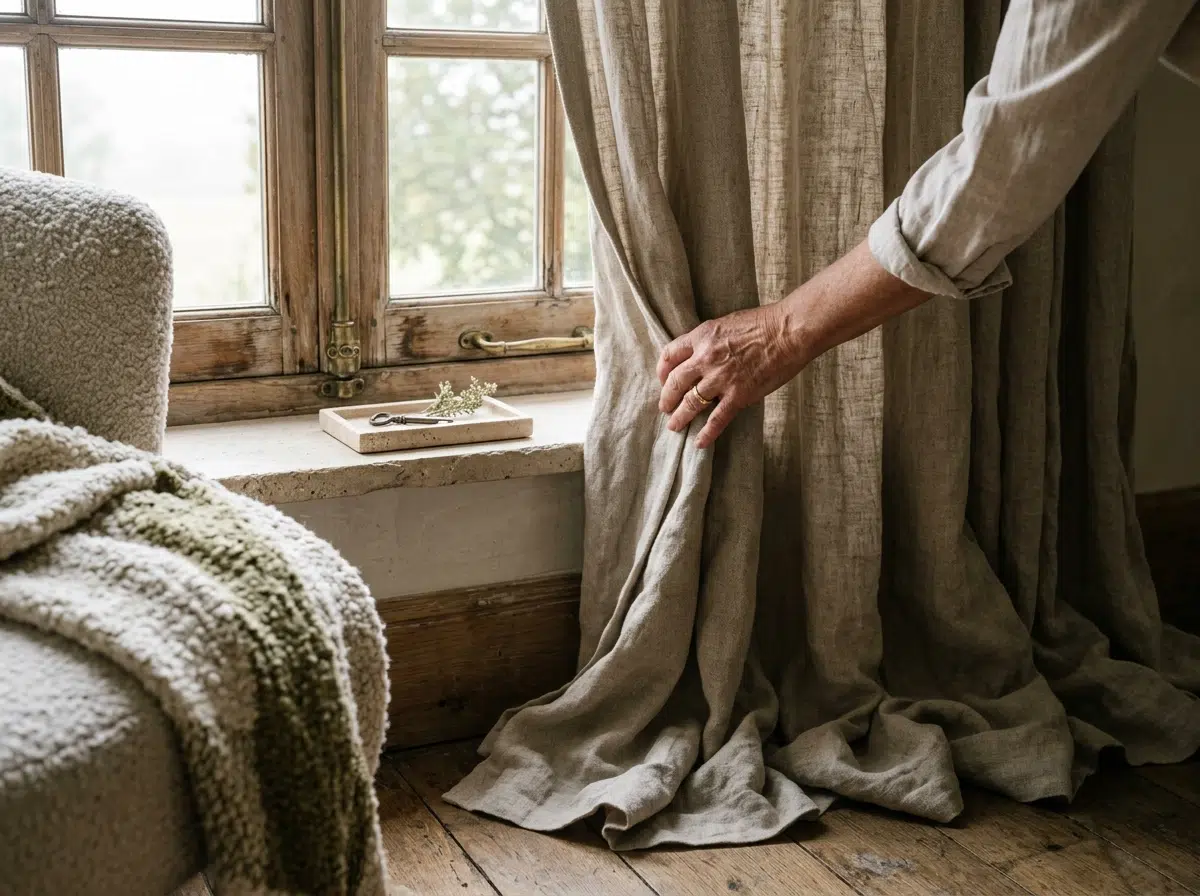 Rideaux en lin lourd touchant le sol dans une chambre, tendance matières brutes déco 2026