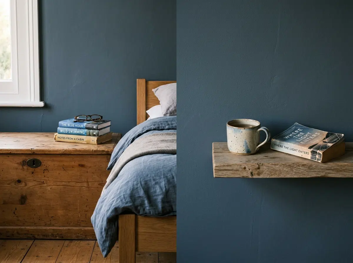 tables de chevet dépareillées, coffre chiné et étagère flottante en chêne, chambre couleur