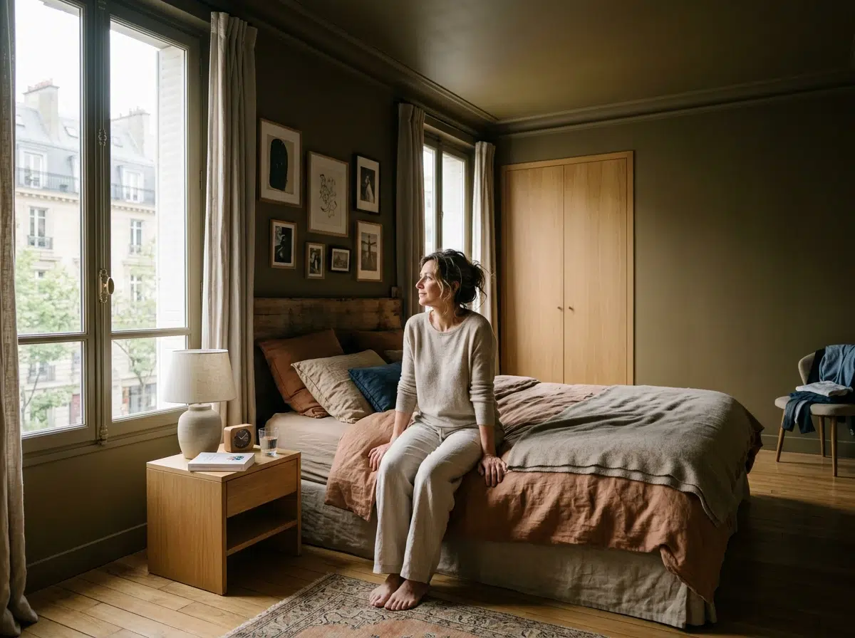 Chambre aux murs khaki avec lit en lin froissé et chevet en noyer, tendance déco chambre 2026
