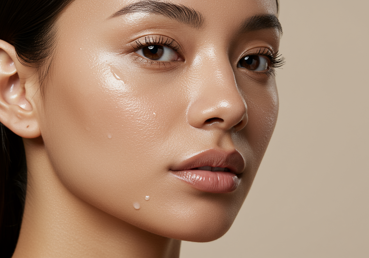 Femme au teint lumineux avec une peau hydratée, maquillage naturel et gouttes d'eau sur le visage, sur fond beige