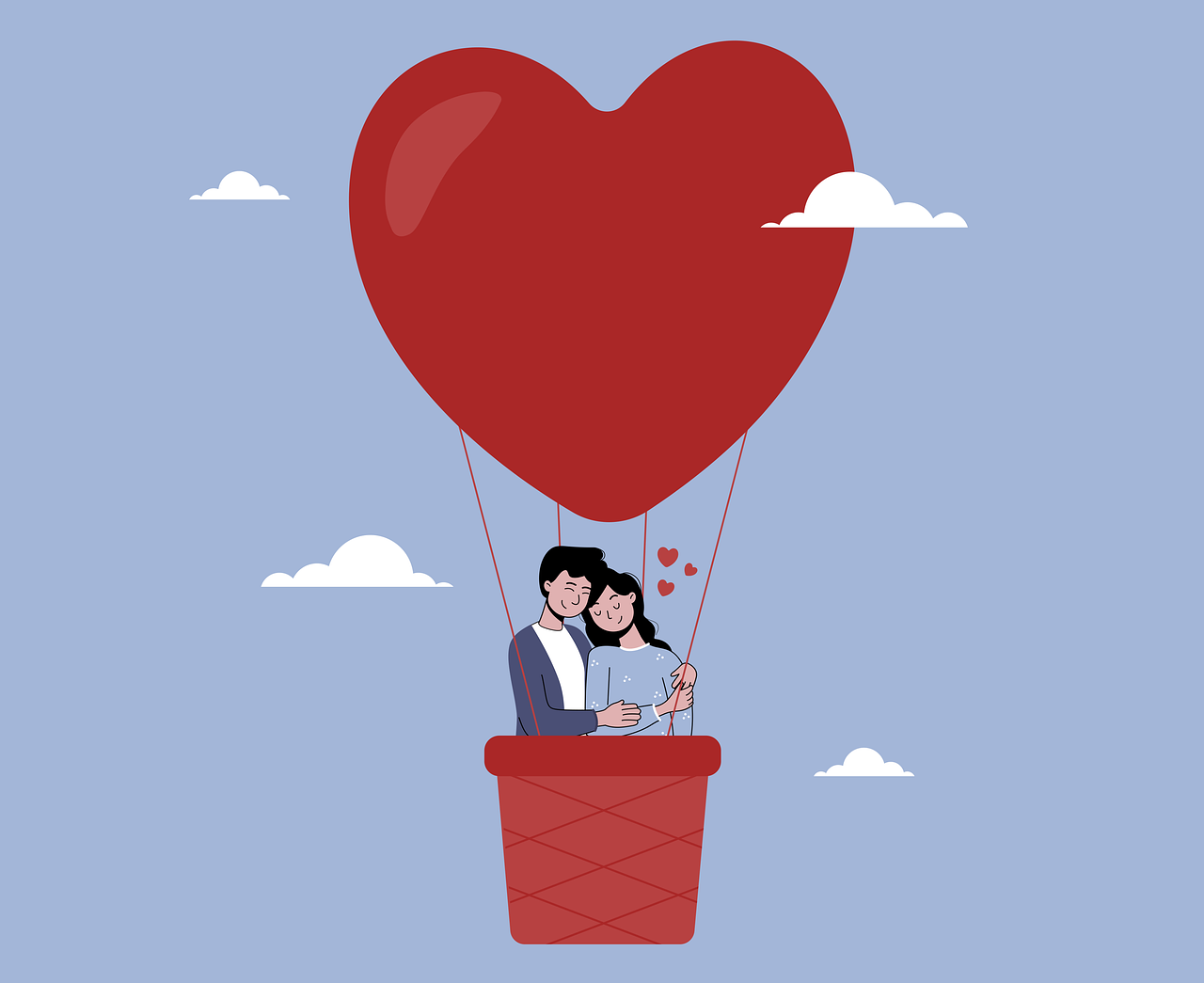 Couple romantique dans une montgolfiere en forme de coeur flottant dans le ciel avec des nuages
