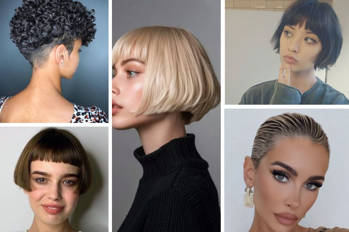 Montage de 5 coiffures courtes tendance pour femmes – coupe pixie bouclée, carré blond graphique, bob effilé, coupe boule avec frange droite et effet wet look, printemps-été 2025