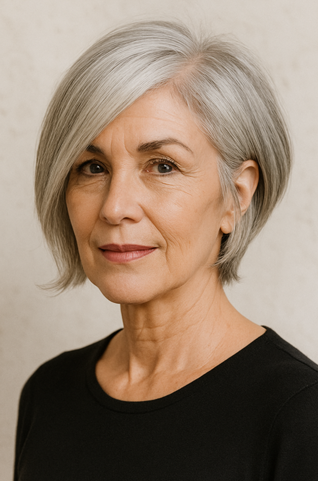 Femme de 60 ans avec bob asymétrique argenté, coiffure élégante mettant en valeur la mâchoire et les traits du visage