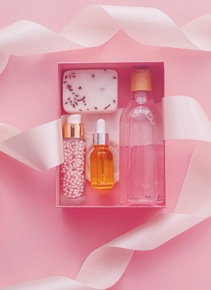 Coffret beauté fête des mères avec parfum, crème et accessoires bien-être dans un emballage rose élégant