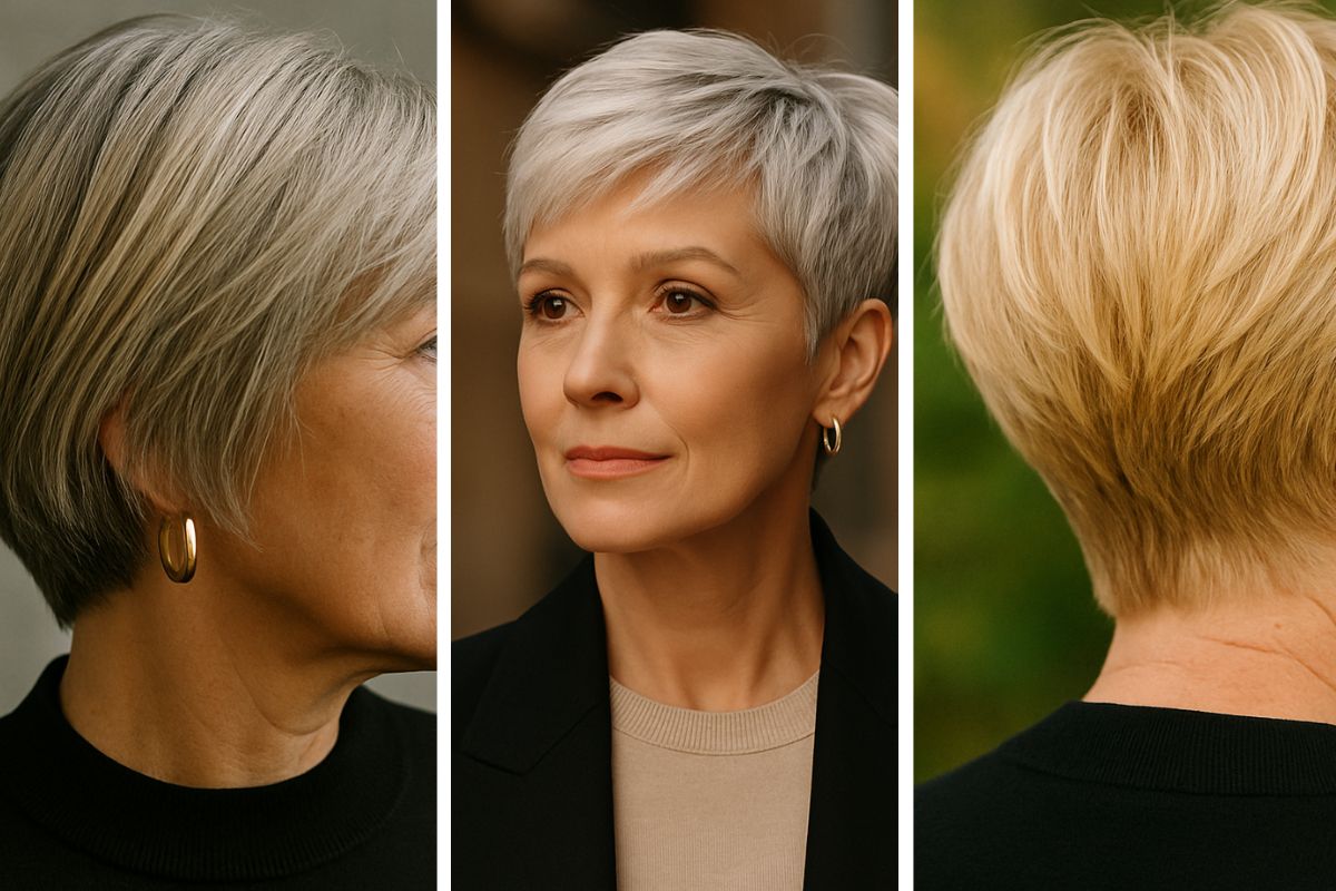 3 coupes courte femme 50 ans : vue de profil, face et dos sur coiffures modernes et stylées