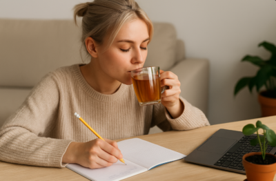 Etudiante concentree en train de reviser avec une tasse de tisane a la main – ambiance naturelle calme et propice a la memorisation avant les examens