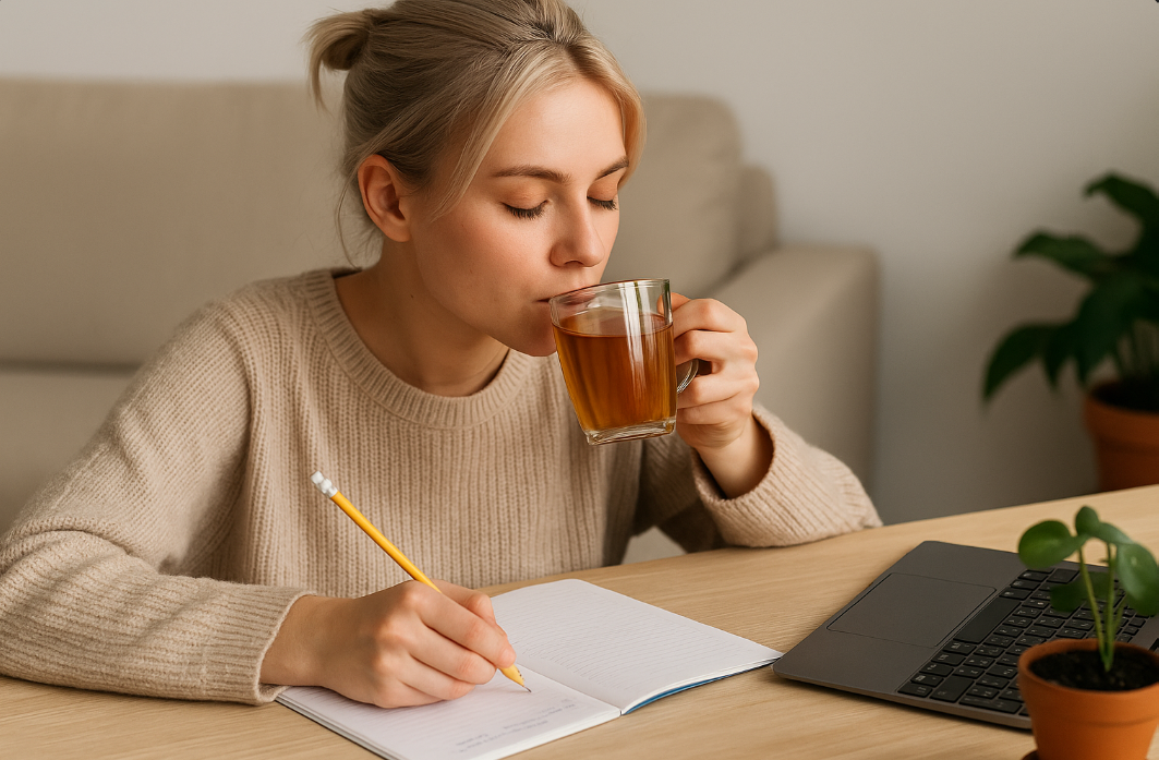 Etudiante concentree en train de reviser avec une tasse de tisane a la main – ambiance naturelle calme et propice a la memorisation avant les examens