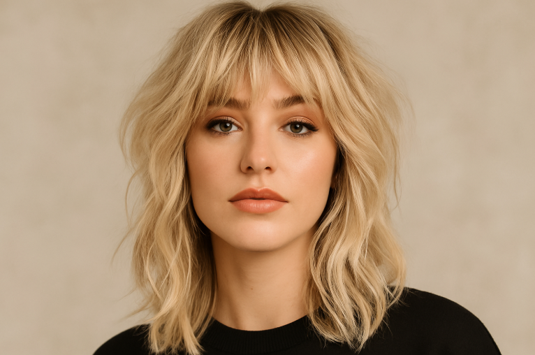 Femme blonde avec coupe mi longue shaggy et frange ideale pour cheveux fins – inspiration coiffure