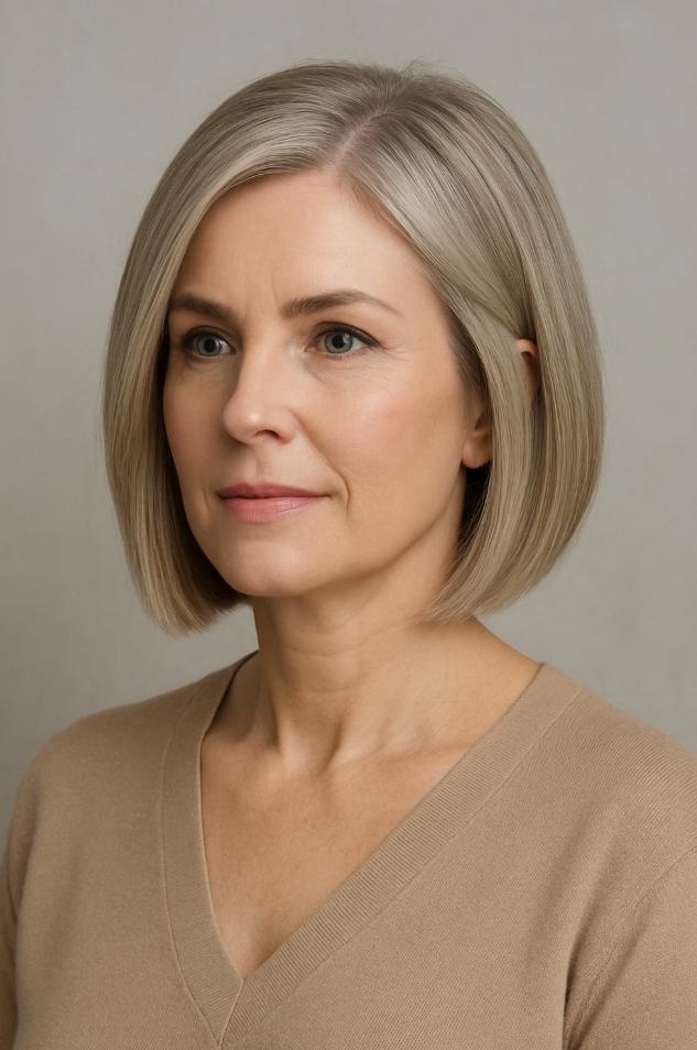 Femme de 50 ans avec carre plongeant blond cendre coupe angulaire lisse elegante et structuree