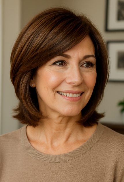 Femme de 50 ans avec coupe mi courte brun chocolat en couches lisses et babylights coiffure chic et naturelle pour cheveux bruns