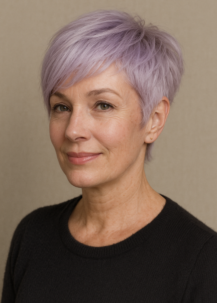Femme de 50 ans avec coupe pixie pastel lavande sur cheveux blancs look tendance et moderne