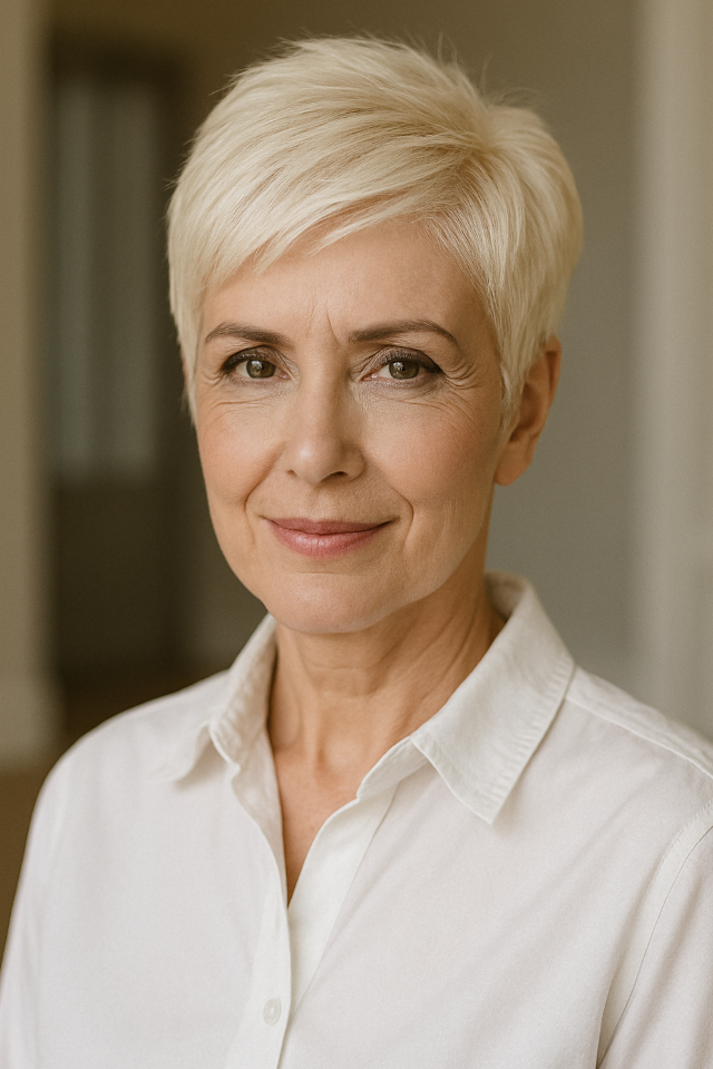 Femme de 50 ans avec coupe pixie platine tres courte coiffure elegante et moderne pour cheveux blonds glaces