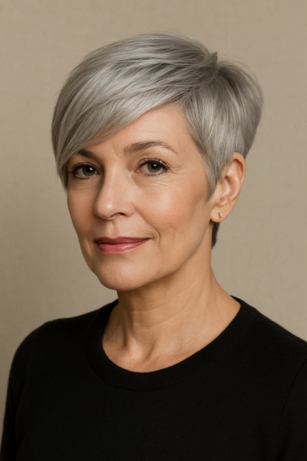 Femme de 50 ans elegante avec coupe pixie asymetrique argentee coiffure tendance 2025 pour cheveux gris courts