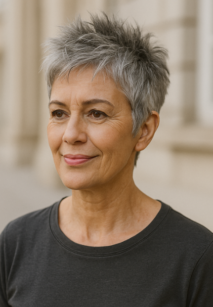 Femme de 55 ans avec coupe pixie ebouriffee grise coiffure dynamique et rajeunissante pour cheveux courts et textures