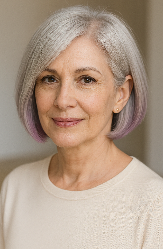 Femme de 60 ans avec bob argente et meches lavande coiffure droite moderne encadrant le visage