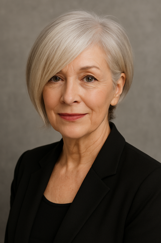 Femme de 60 ans avec bob asymetrique argente lisse et raie sur le cote coiffure chic mettant en valeur les traits du visage