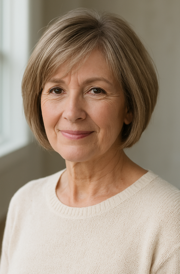 Femme de 60 ans avec bob court degrade pour cheveux fins coupe subtile et volumisante avec reflets lumineux