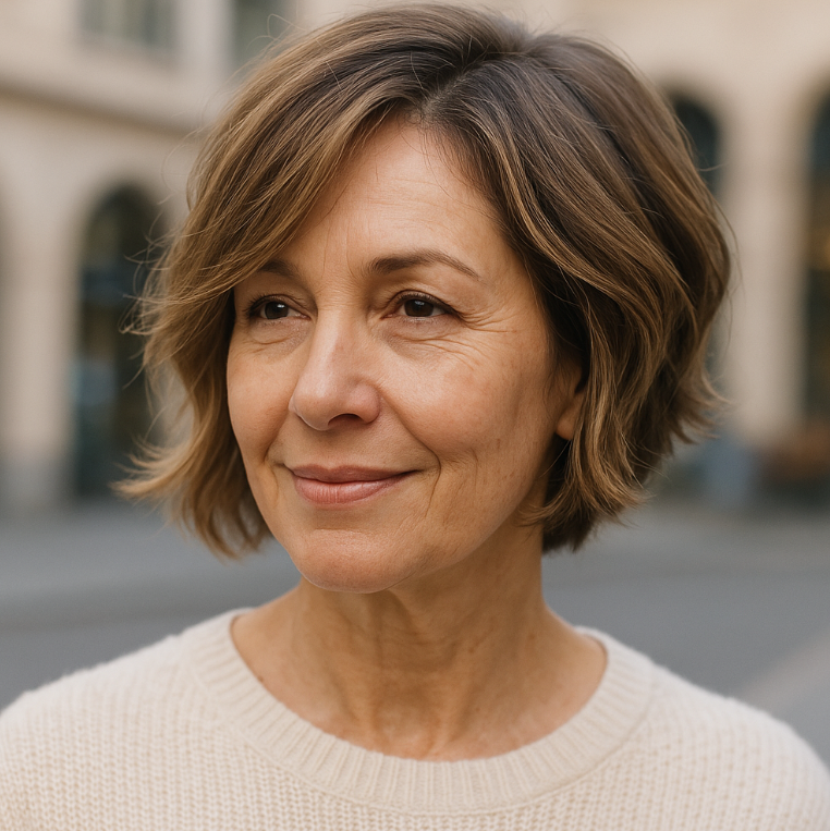 Femme de 60 ans avec bob court inverse et cheveux ondules chatain clair coiffure moderne et facile a entretenir