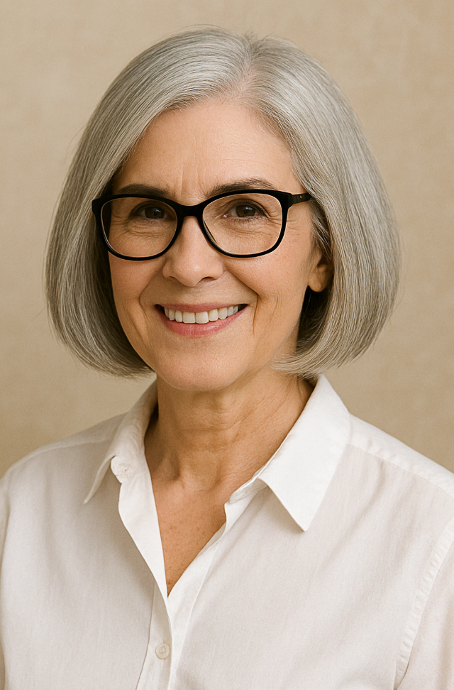 Femme de 60 ans avec bob gris lisse et racines foncees coiffure droite elegante avec lunettes noires et chemise blanche