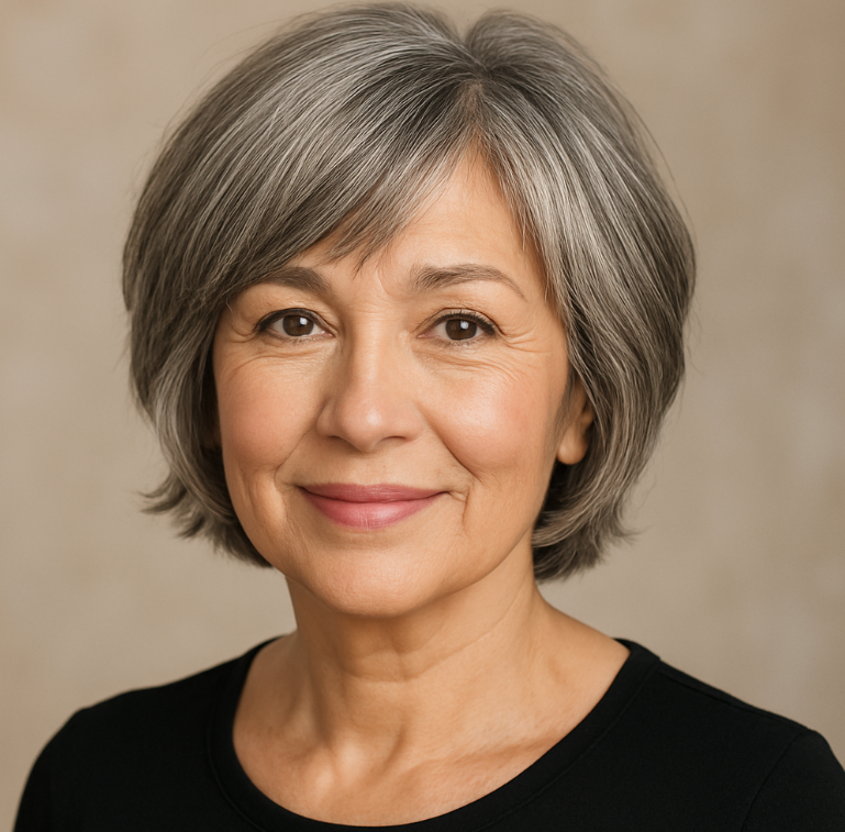 Femme de 60 ans avec coupe bob volumineuse sel et poivre cheveux en couches effilees avec finition brillante