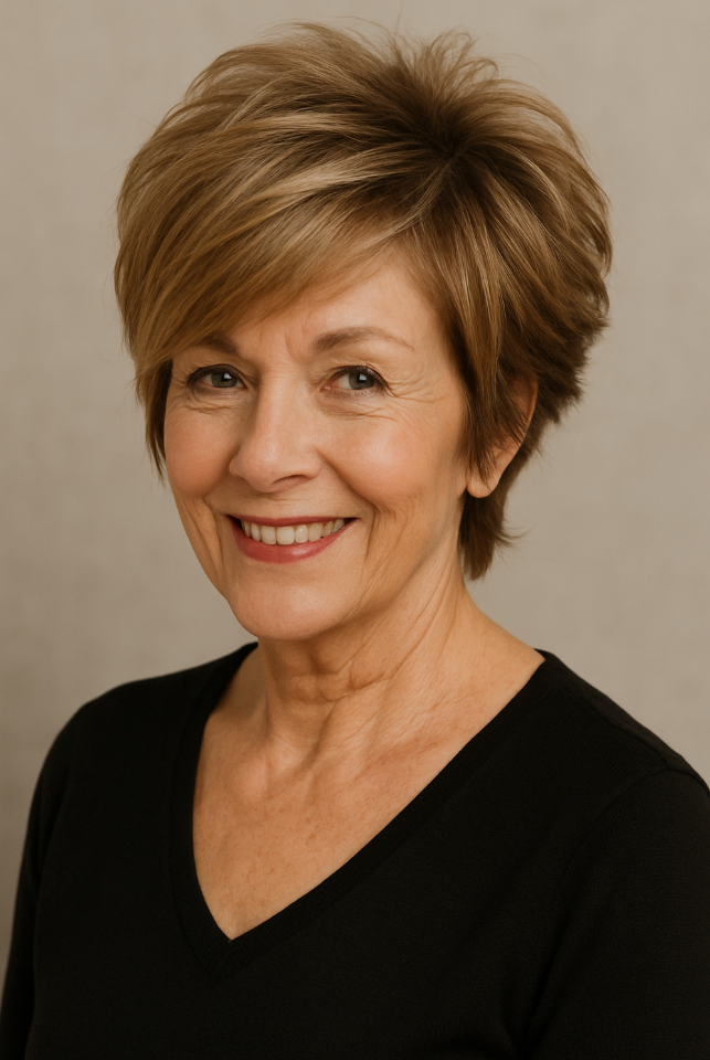 Femme de 60 ans avec coupe courte volumineuse empilee meches chatain clair et reflets blonds coiffure moderne et dynamique