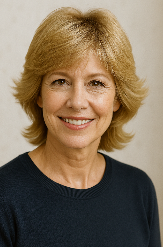 Femme de 60 ans avec coupe mi courte a effet plume blond dore style vintage des annees 70 inspire de Carol Brady