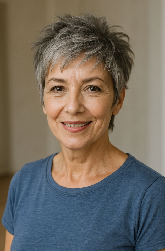 Femme de 60 ans avec coupe pixie courte desordonnee coiffure moderne facile a coiffer avec meches texturees
