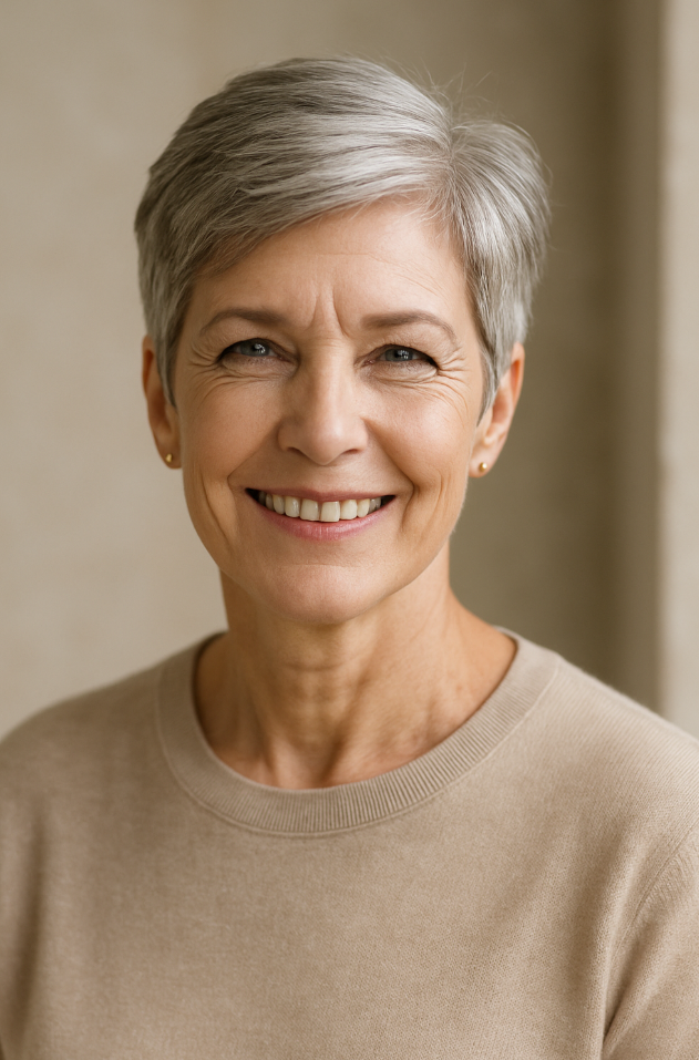 Femme de 60 ans avec coupe pixie gris clair texturee coiffure naturelle et rafraichissante avec racines foncees