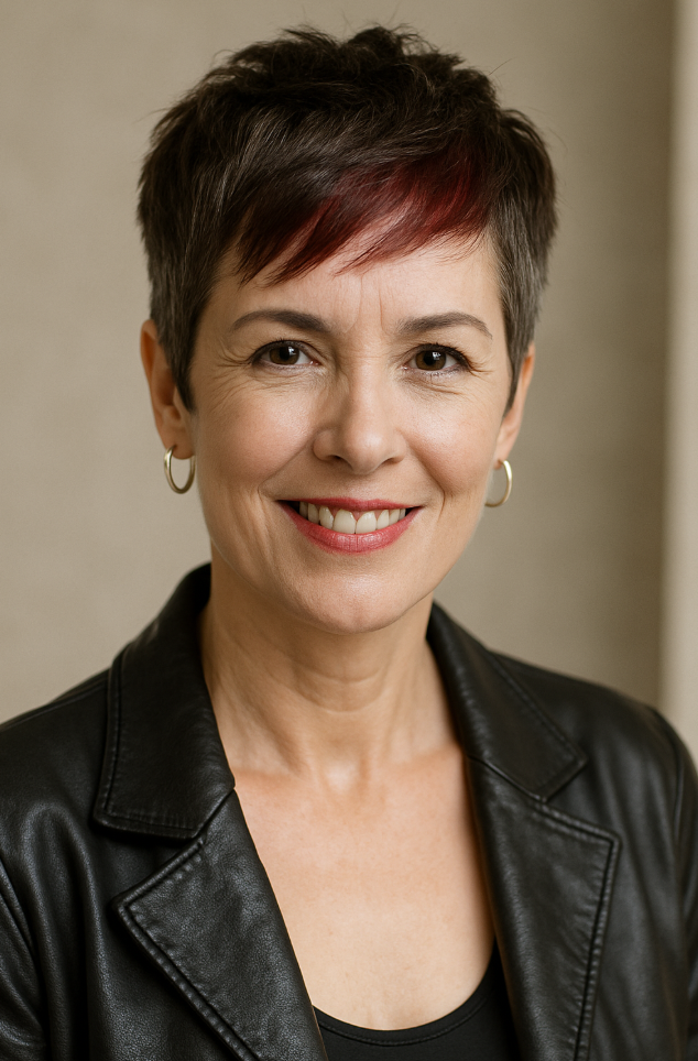 Femme de 60 ans avec coupe pixie noire et frange rouge intense look rock et audacieux en veste en cuir