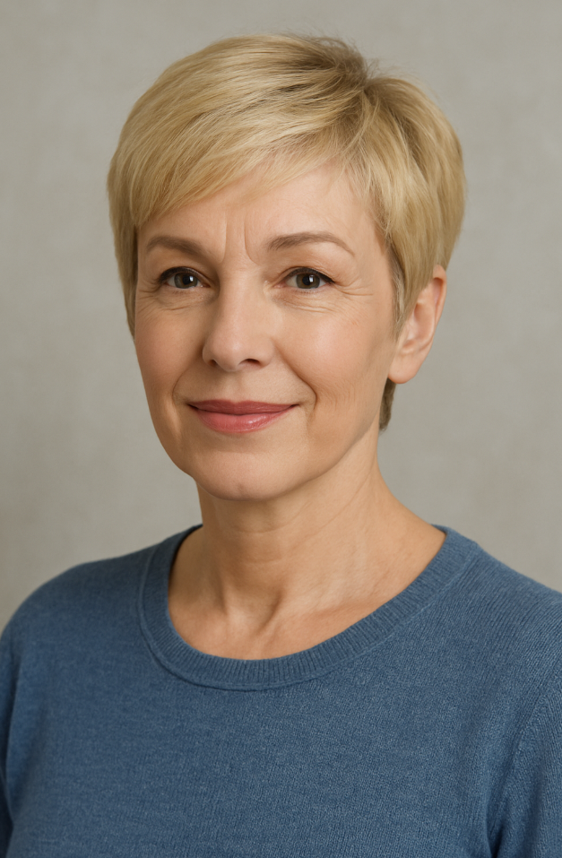 Femme de 60 ans avec pixie blond doux et classique coiffure courte lumineuse sur fond gris neutre