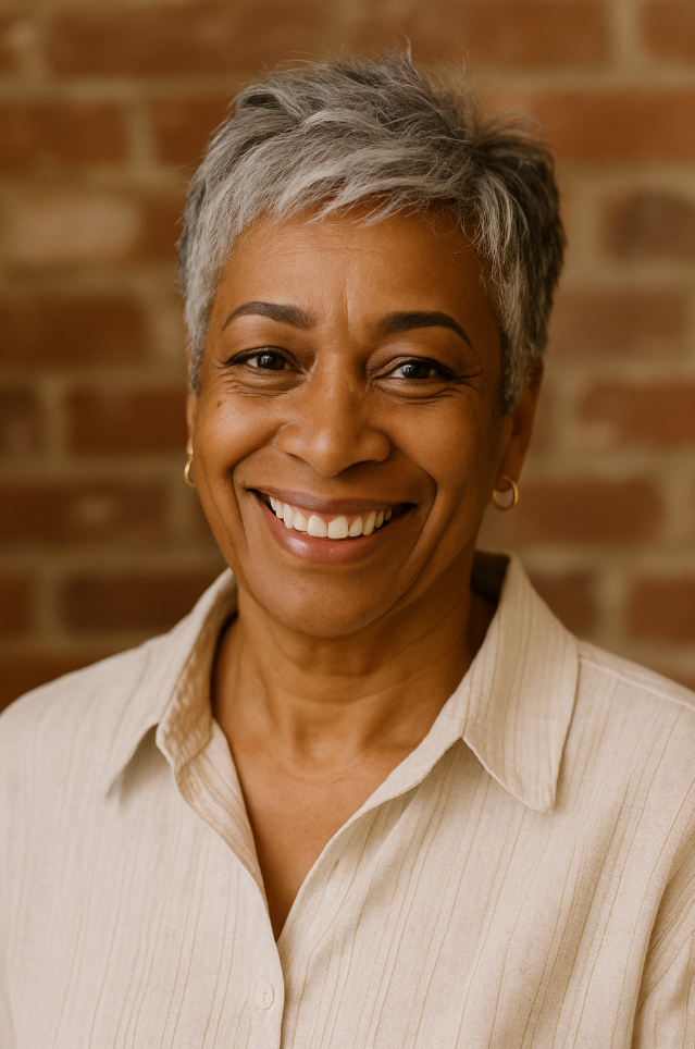 Femme noire de 60 ans avec pixie gris court pour cheveux epais coiffure texturee et elegante avec fond en briques rouges