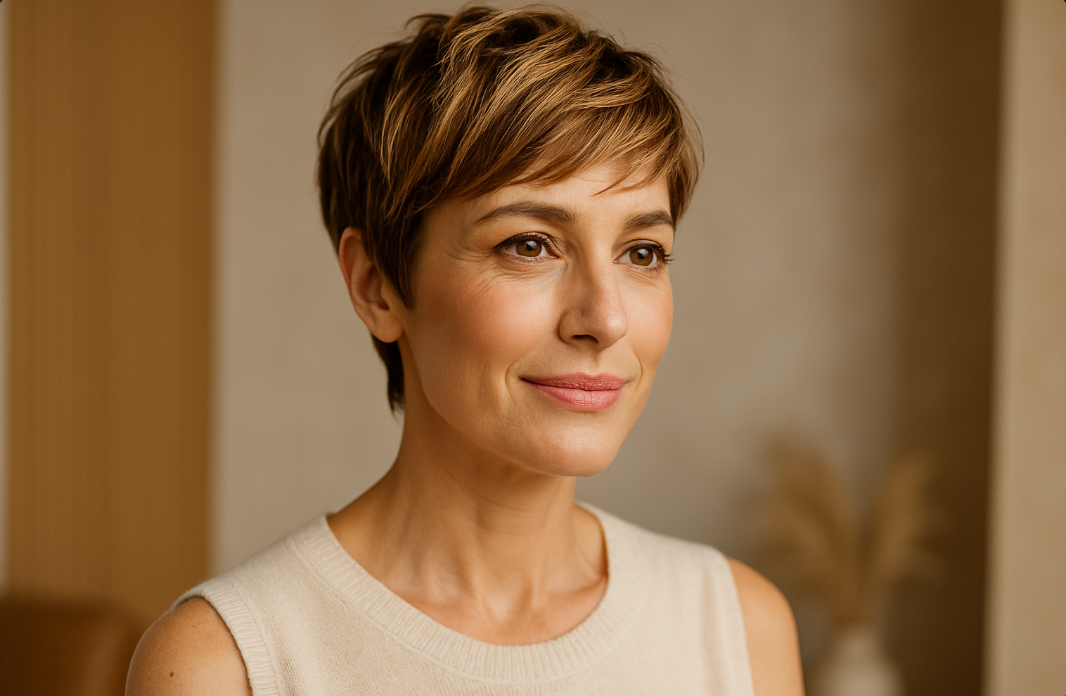 Portrait lumineux dune femme elegante de 40 ans avec coupe pixie texturee et reflets dores – coiffure cheveux courts tendance