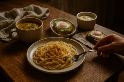 Repas maison reconfortant avec pates oeuf cocotte soupe lentilles tartine avocat et boisson chaude sur table rustique — ambiance cocooning apres une journee difficile