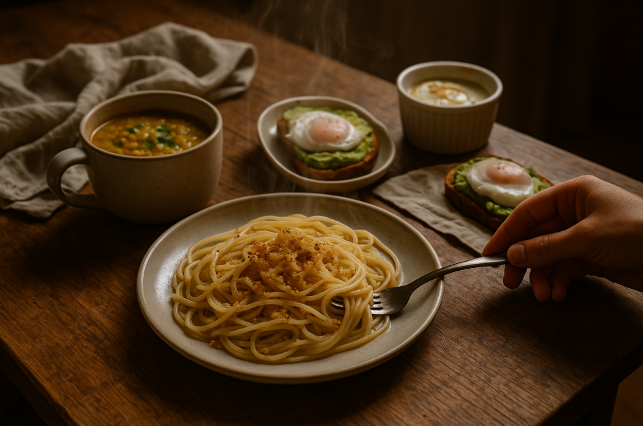 Repas maison reconfortant avec pates oeuf cocotte soupe lentilles tartine avocat et boisson chaude sur table rustique — ambiance cocooning apres une journee difficile