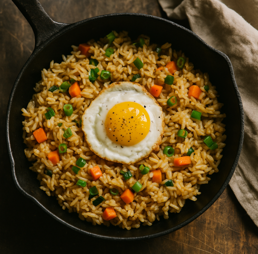 Riz saute maison avec legumes de restes oeuf sauce soja et huile de sesame dans une poele — repas anti gaspi simple et nourrissant