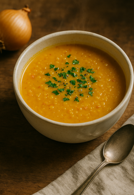 Soupe chaude aux lentilles corail et lait de coco servie dans un bol rustique parsemee de persil frais — idee de diner cocoon rapide et nourrissant