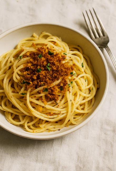 Spaghetti aglio e olio avec chapelure croustillante — recette simple et reconfortante