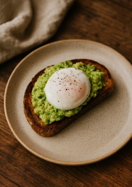 Tartine croustillante a lavocat et oeuf poche servie chaude sur une assiette simple — recette saine proteinee et rapide pour soiree fatiguee