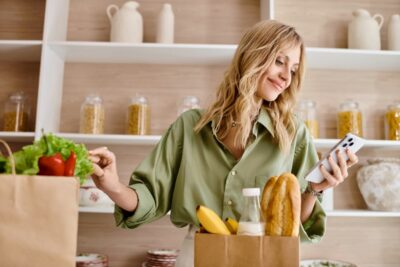 Une femme qui commande ses courses dans un supermarche en ligne
