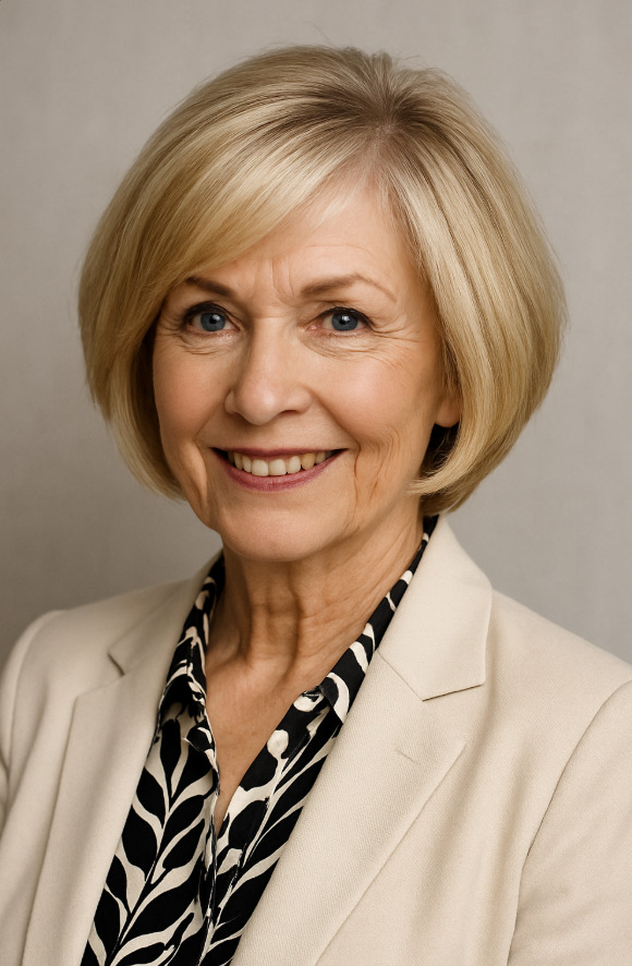 Bob blond incline femme 60 ans coupe elegante blazer creme blouse noire a motif fond gris