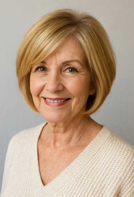 Bob blond miel femme 60 ans coupe courte en couches nuque degagee cheveux brillants