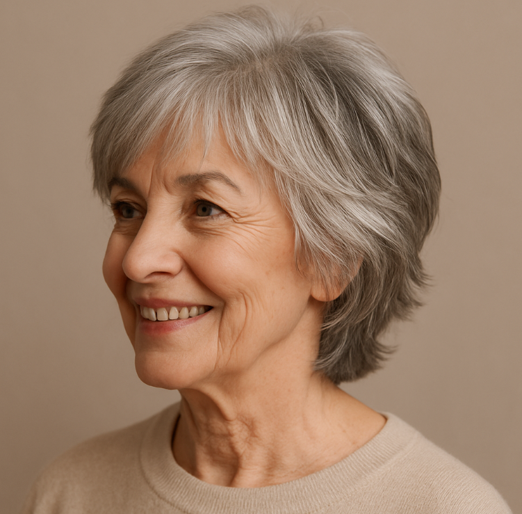 Bob court plume sel et poivre femme 60 ans coupe texturee douce fond beige naturel