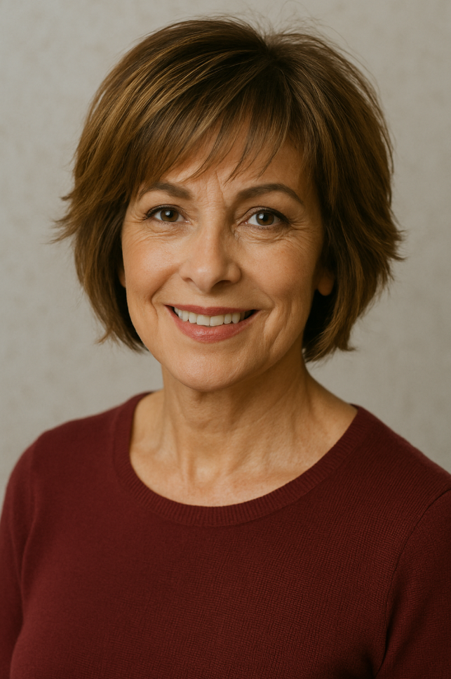 Bob droit gris clair et frange droite coiffure courte classique sur fond brun texture 1