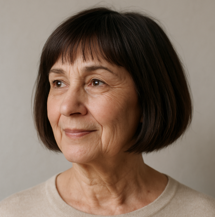 Carre au menton femme 60 ans avec frange fine cheveux lisses bruns naturel doux