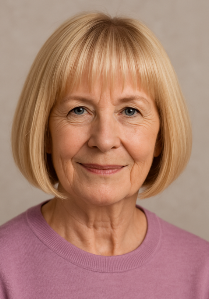 Carre court en V femme 65 ans cheveux blonds frange droite look structure pull lilas