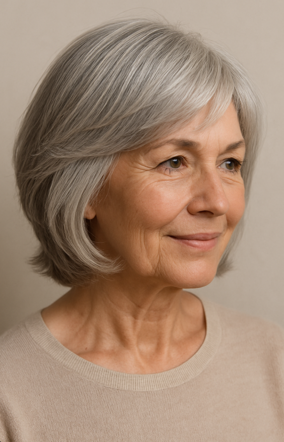 Carre doux superpose femme 60 ans cheveux gris degrade leger look naturel elegant