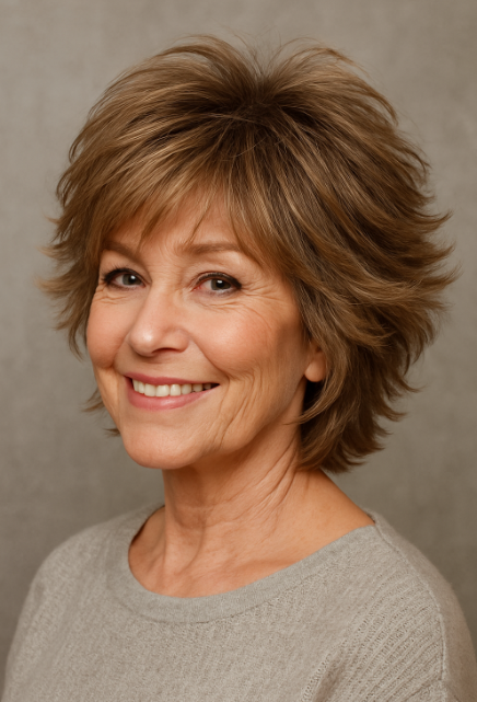 Carre shag volumineux femme 60 ans coupe hirsute texturee cheveux chatain clair meches blondes