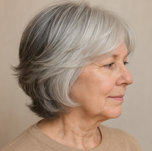 Coiffure mi longue bouclee femme 60 ans cheveux gris argentes look naturel et doux