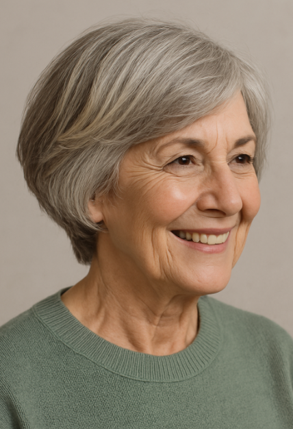 Coupe courte a plumes femme 60 ans cheveux gris balayage en arriere style leger